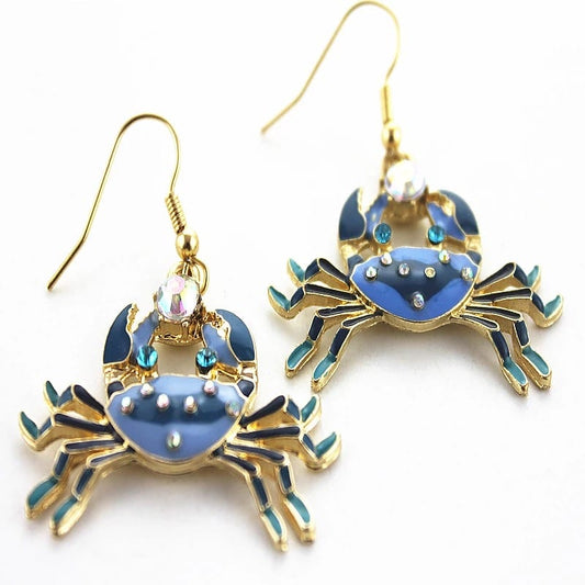 Crystal Blue Crab Dangle Earrings