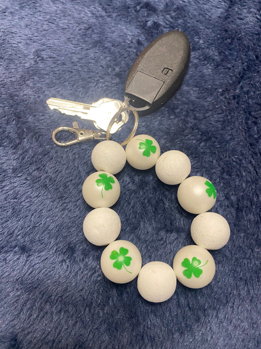 White and White Shamrock Wooden Shimmer Bead Stretchy Keychain Featuring Lobster Clasp 20mm Beads