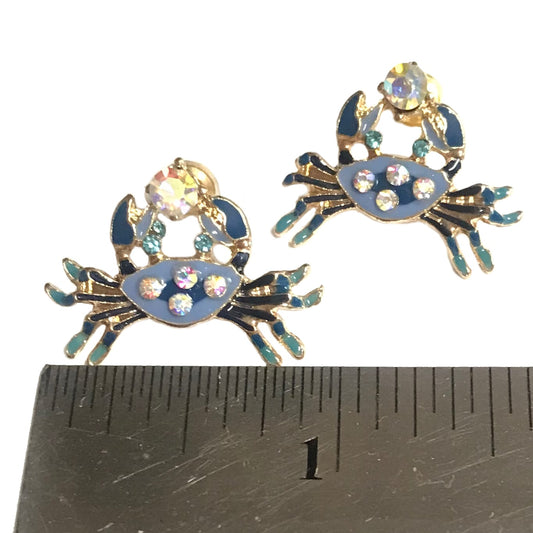 Crystal Blue Crab Stud Earrings