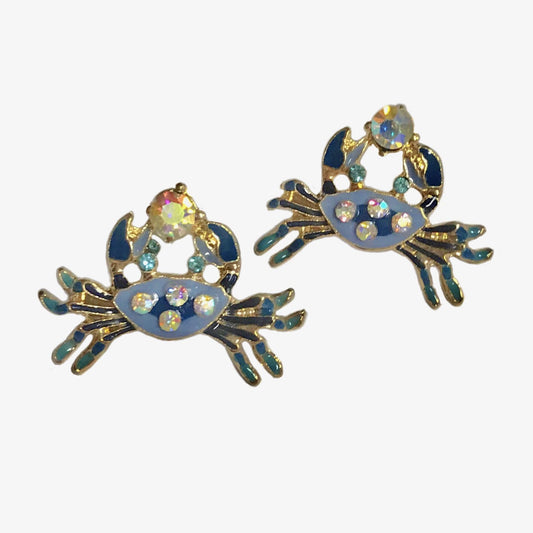 Crystal Blue Crab Stud Earrings