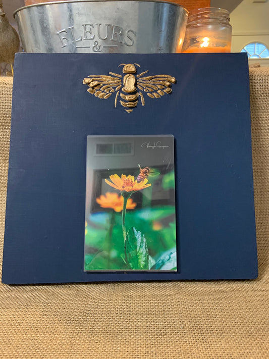 Bee Gold Painted on Navy Blue Painted Wooden with One 5X7 Picture Frame - Sassy Southerners LLC 