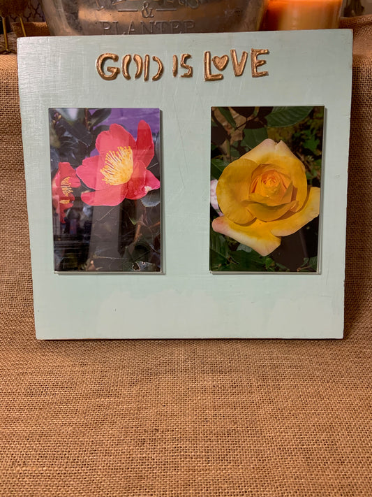 God is Love Gold Painted on Light Blue Painted Edges are Gold Wooden with Two 4X6 Picture Frames - Sassy Southerners LLC 