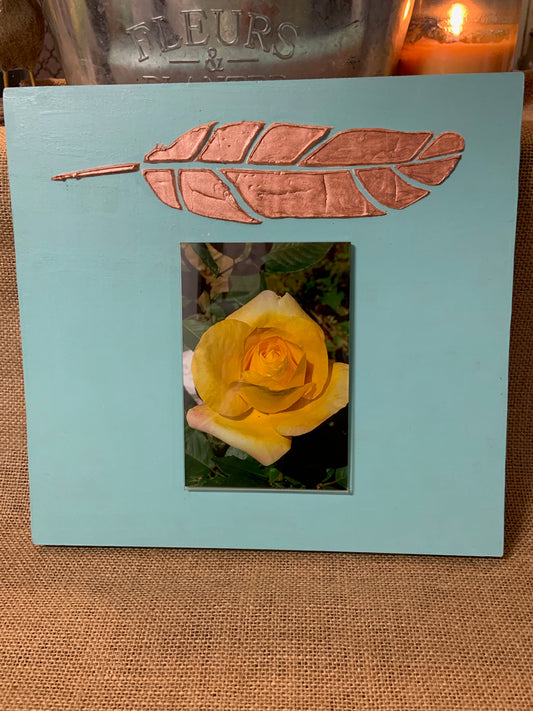 Feather Painted on Light Blue Painted Wooden a 4X6 Picture Frame Rose Gold