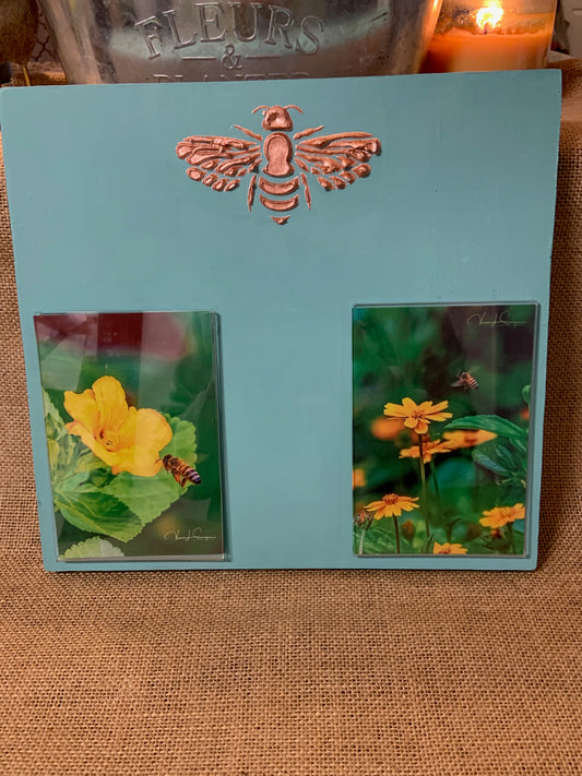 Bee Rose Gold Painted on Light Blue Painted Wooden with Two 4X6 Picture Frames - Sassy Southerners LLC 