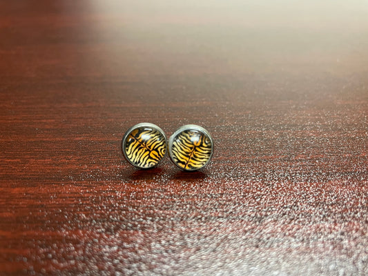Tiger Print Glass Dome Earring 10mm Stainless Steel Stud Butterfly Back