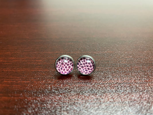 Small Pink Leopard Glass Dome Earring 10mm Stainless Steel Stud Butterfly Back