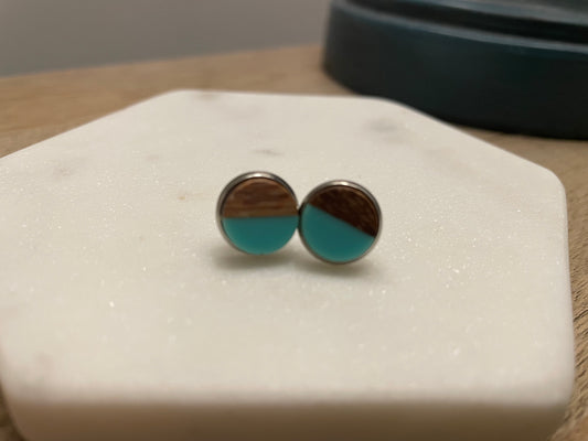 Teal Blue Wood Resin Earring 10mm Stainless Steel Setting Butterfly Back
