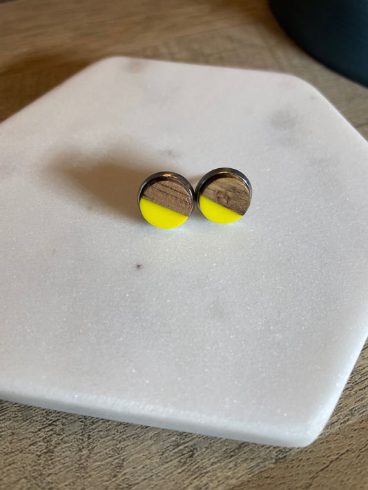 Yellow 10mm Wood Resin Earring with Butterfly Back
