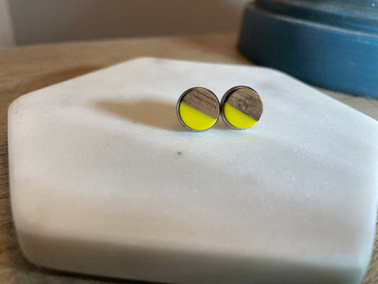 Yellow 10mm Wood Resin Earring with Butterfly Back 