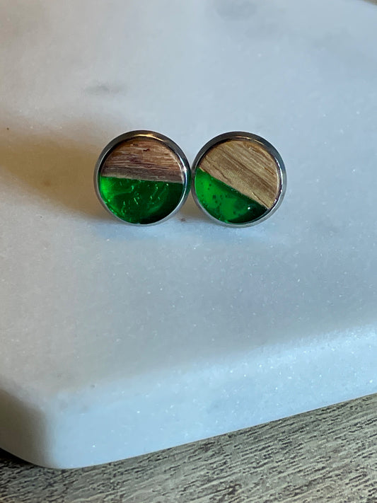 Green 10mm Wood Resin Earring with Butterfly Back