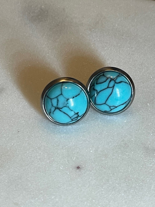 Faux Turquoise Stud 10mm Black Matrix Stainless Steel Setting