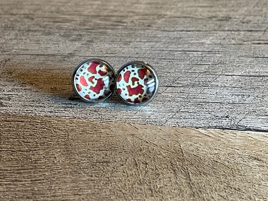 Cow Print Brown and White Glass Dome Earring 10mm Stainless Steel Stud Butterfly Back