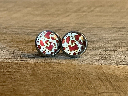 Cow Print Brown and White Glass Dome Earring 10mm Stainless Steel Stud Butterfly Back