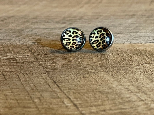 Cheetah Glass Dome Earring 10mm Stainless Steel Stud Butterfly Back