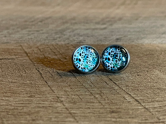 Teal Leopard Glass Dome Earring 10mm Stainless Steel Stud Butterfly Back