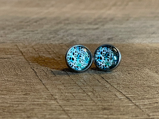 Teal Leopard Glass Dome Earring 10mm Stainless Steel Stud Butterfly Back