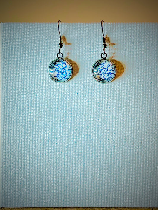 Blue Galaxy Chinoiserie Blue and White 12mm Silver Dangle Earring