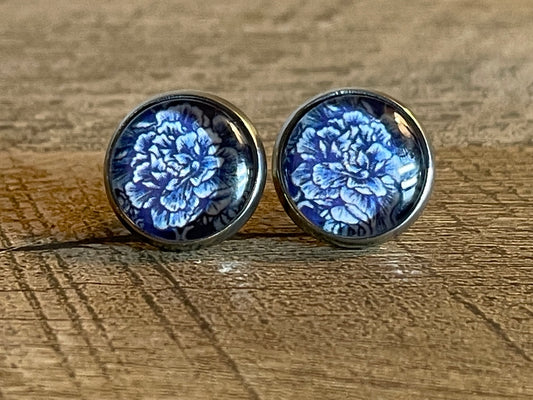 Blue Rose Chinoiserie Blue and White 12mm Stud Silver Earring