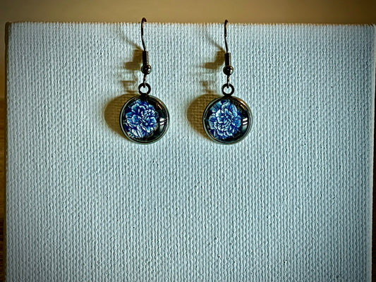 Blue Rose Chinoiserie Blue and White 12mm Dangle Silver Earring