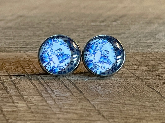 Broken China Chinoiserie Blue and White 12mm Stud Silver Earring