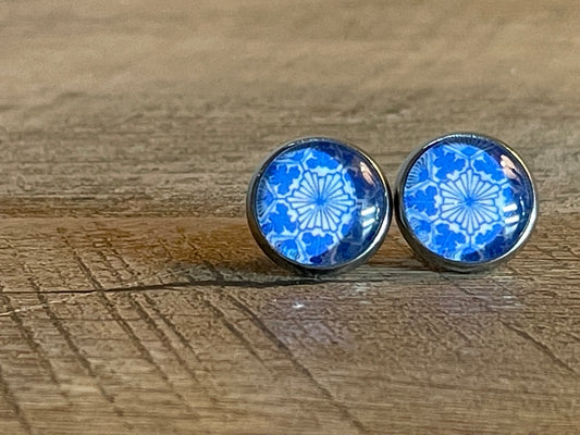Quing Chinoiserie Blue and White 12mm Stud Silver Earring