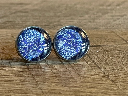 Willow Chinoiserie Blue and White 12mm Stud Silver Earring