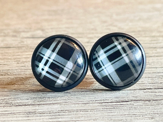 Black and White Plaid Glass Dome 12mm Silver Stainless Steel Earring
