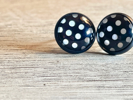 Black and White Dot Glass Dome 12mm Silver Stainless Steel Earring