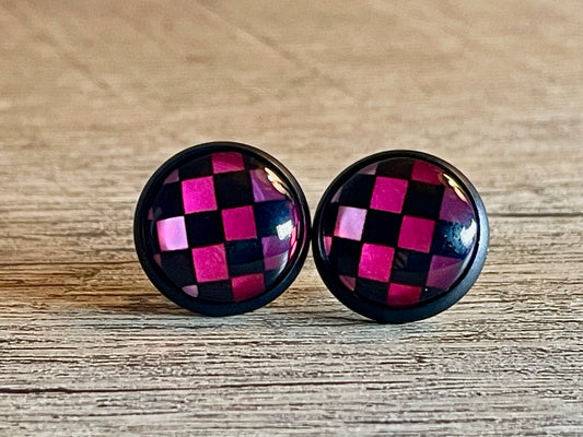 Fuschia Checker Glass Dome 12mm Silver Stainless Steel Earring