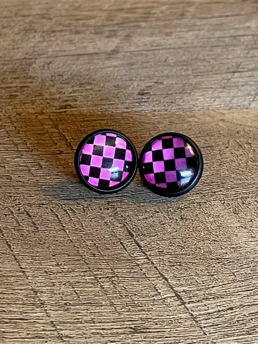 Pink and Black Checker Glass Dome 12mm Silver Stainless Steel Earring
