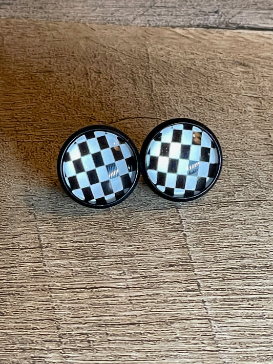 Checkerboard Glass Dome 12mm Silver Stainless Steel Earring