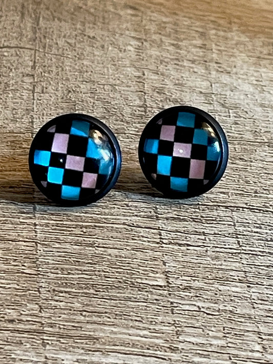 Blue and Pink Checkerboard Glass Dome 12mm Silver Stainless Steel Earring