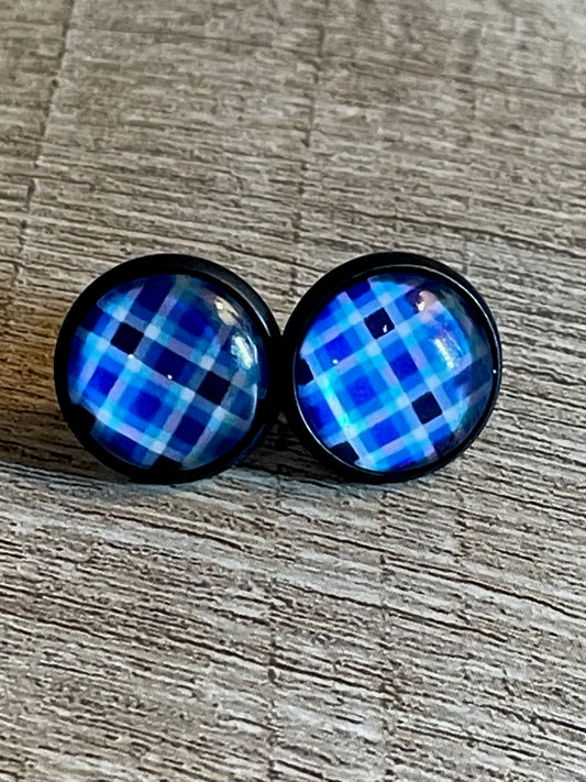 Lapis Checkerboard Glass Dome 12mm Silver Stainless Steel Earring