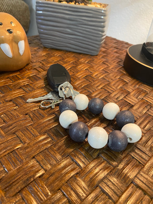 Black and White Wooden Shimmer Bead Stretchy Keychain Featuring Lobster Clasp 20mm Beads