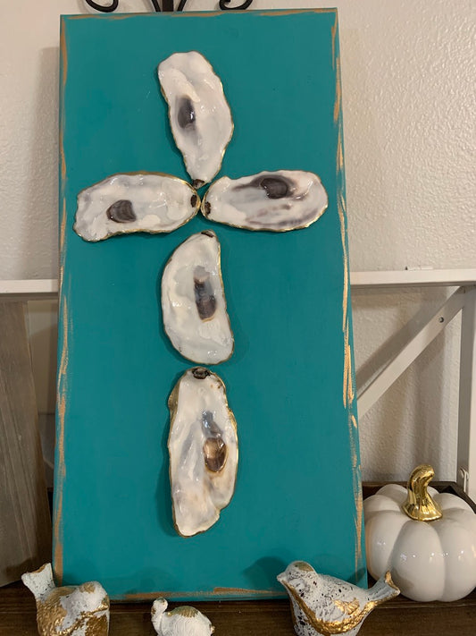 Turquoise Canvas Oyster Shell Cross Gold Outline