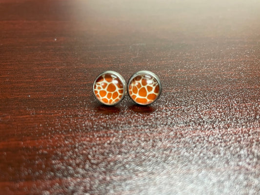 Giraffe Brown and White Glass Dome Earring 10mm Stainless Steel Stud Butterfly Back