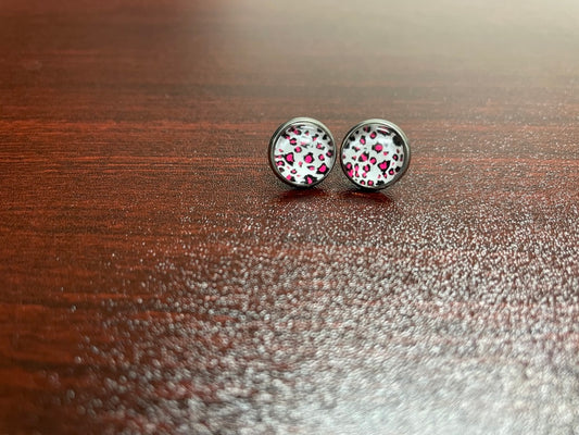 Pink and White Leopard Print Glass Dome Earring 10mm Stainless Steel Stud Butterfly Back