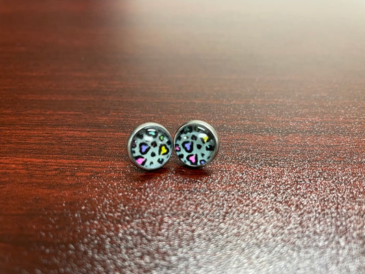 Cheetah Print Pink Yellow Purple Blue Lisa Frank Like Glass Dome Earring 10mm Stainless Steel Stud Butterfly Back