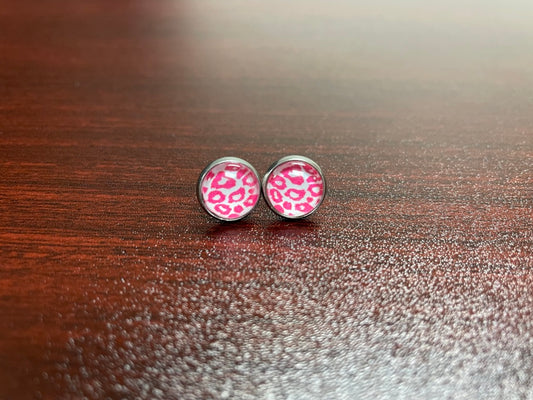 Pink and White Cheetah Print Glass Dome Earring 10mm Stainless Steel Stud Butterfly Back