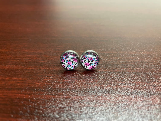 Pink and Blue Leopard Print Glass Dome Earring 10mm Stainless Steel Stud Butterfly Back