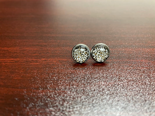 Leopard Print Glass Dome Earring 10mm Stainless Steel Stud Butterfly Back