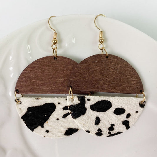 Cow Print Split Circle Monogram Wooden Earrings