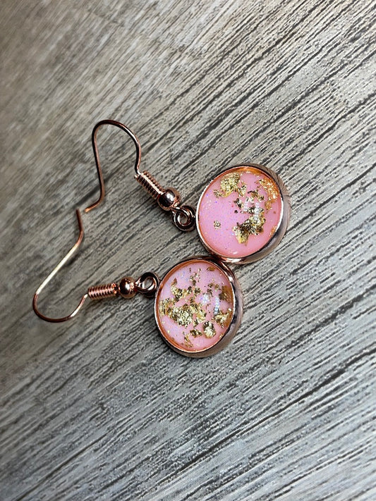Pink Gold Flake Glitter Gemstone Earrings 12mm Rose Gold Dangle
