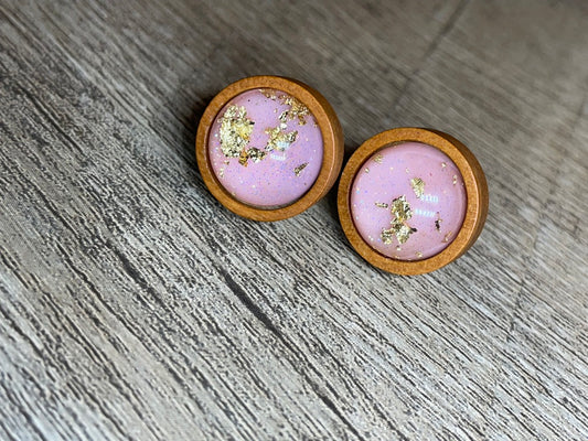 Pink Gold Flake Glitter Gemstone Earrings 12mm Wooden Setting