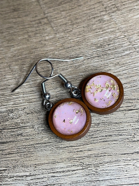 Pink Gold Flake Glitter Gemstone Earrings 12mm Wooden Dangle