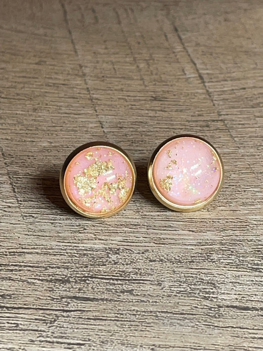 Pink Gold Flake Glitter Gemstone Earrings 12mm Gold Setting