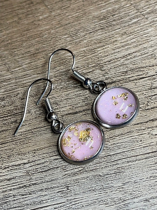 Pink Gold Flake Glitter Gemstone Earrings 12mm Silver Dangle