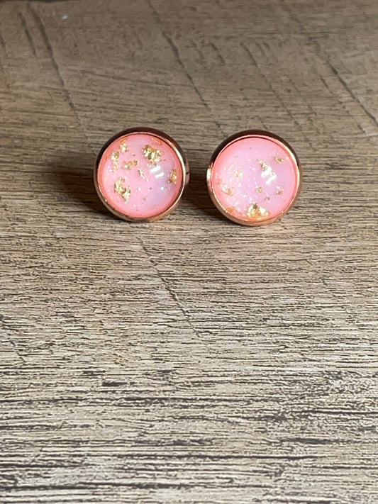 Pink Gold Flake Glitter Gemstone Earrings 12mm Rose Gold Setting