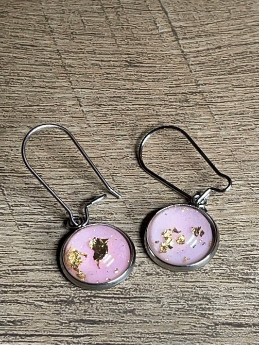 Pink Gold Flake Glitter Gemstone Earrings 12mm Stainless Steel Dangle