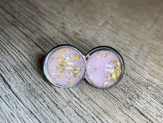 Pink Gold Flake Glitter Gemstone Earrings 12mm Silver Setting